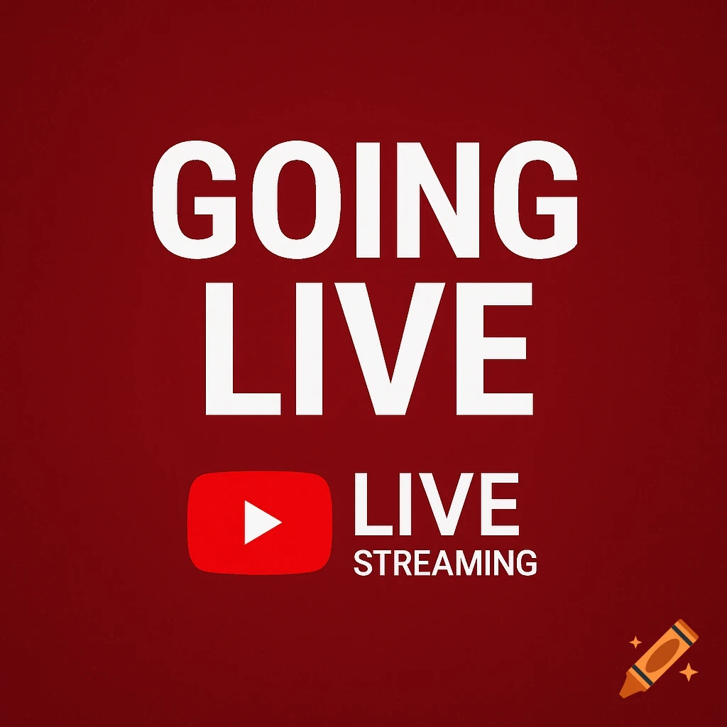White text 'GOING LIVE' and 'LIVE STREAMING' with a red YouTube play button logo on a dark red background.