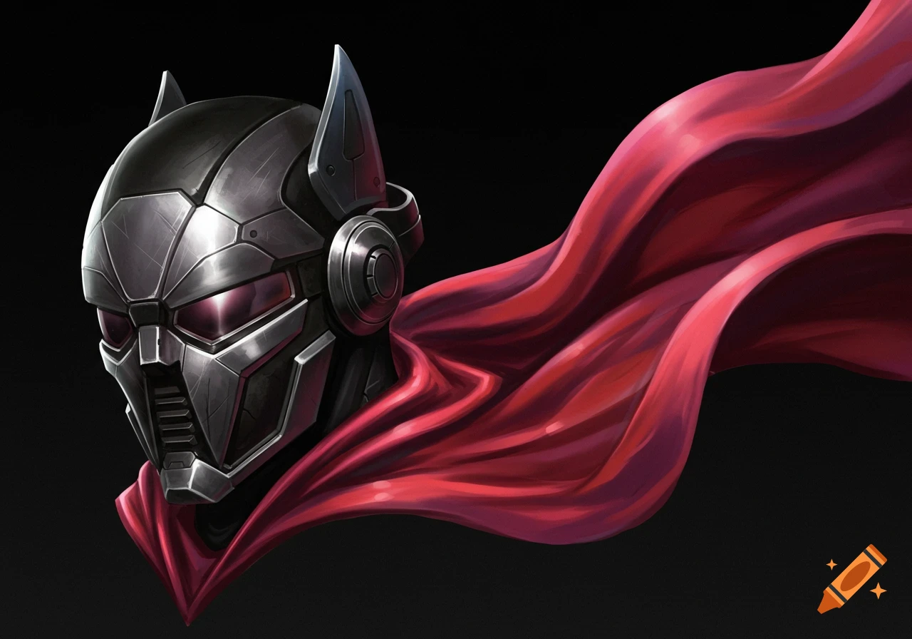 A futuristic silver armored helmet with glowing red visor and a flowing ...