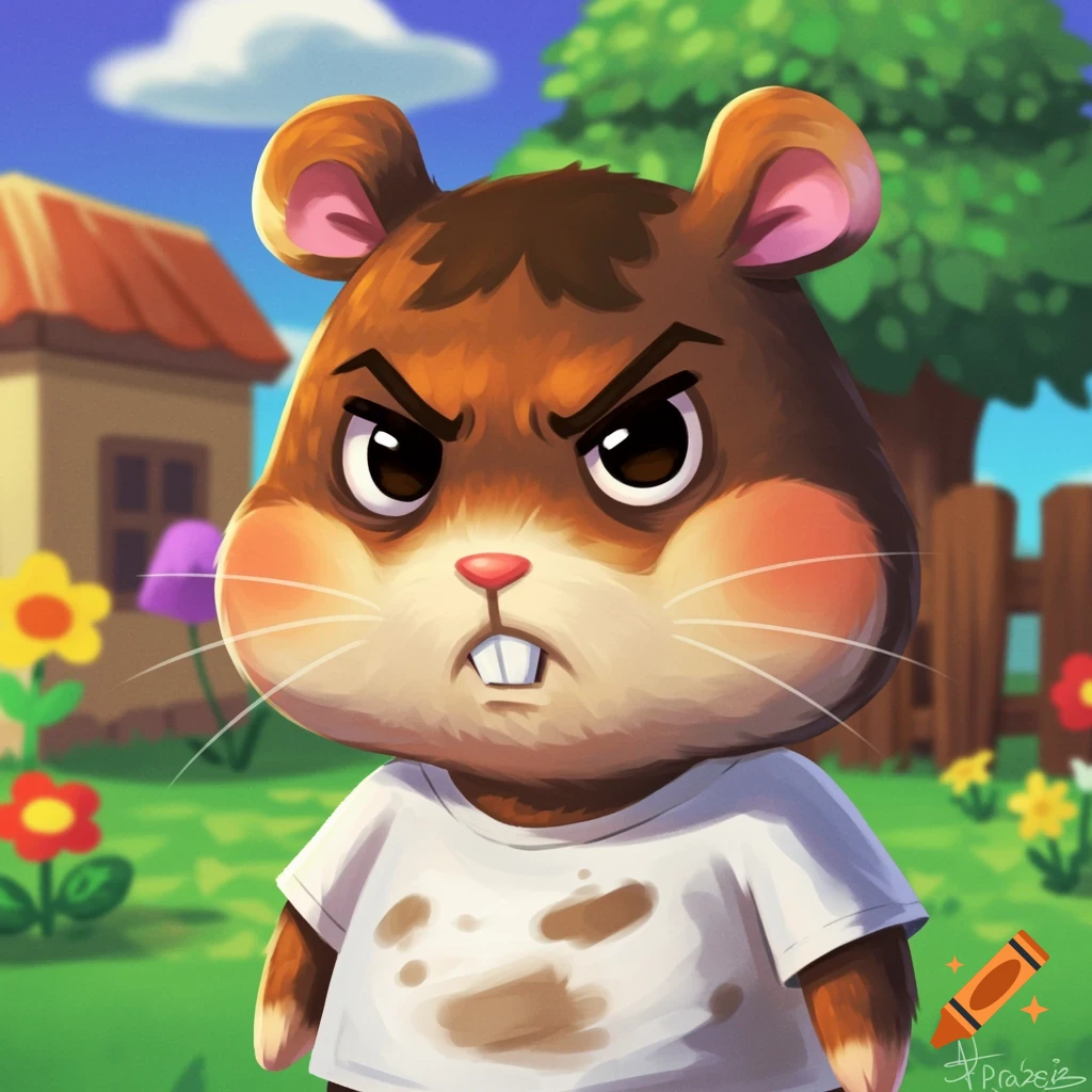 An angry, grumpy brown hamster from Animal Crossing wearing a dirty white t-shirt, standing in a sunny village setting with a house and trees in the background.