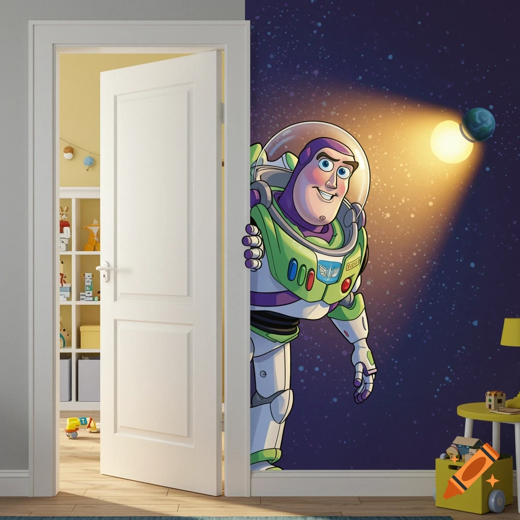 Buzz Lightyear peeking from behind a white door into a child's room with a space wall mural.