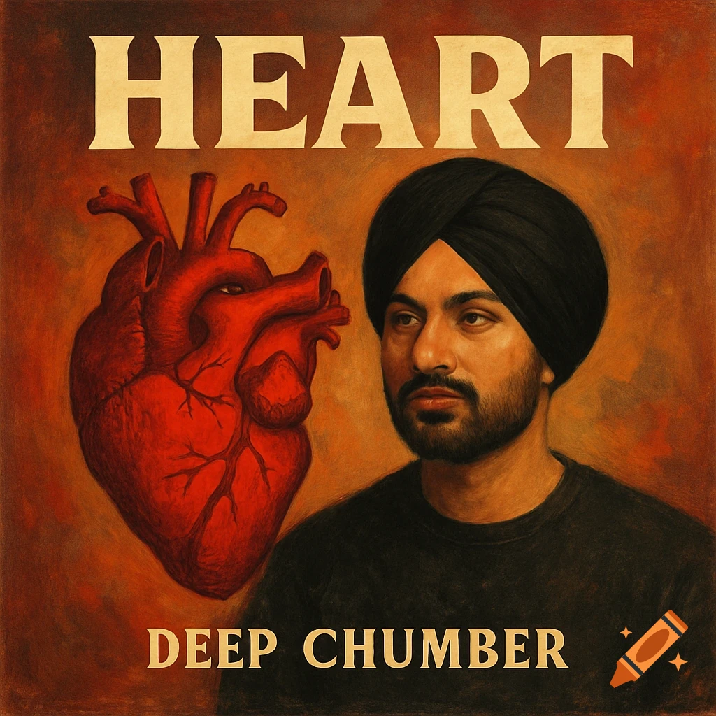 Album cover art with a man in a black turban next to a red anatomical heart. Text reads 'HEART' and 'DEEP CHUMBER'. Painted style.