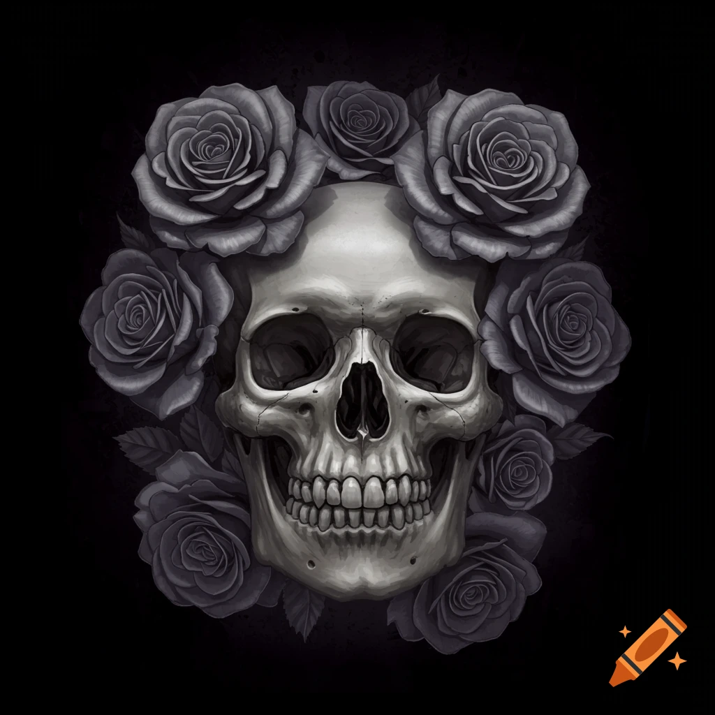 A stylized white skull surrounded by gray roses on a dark background.