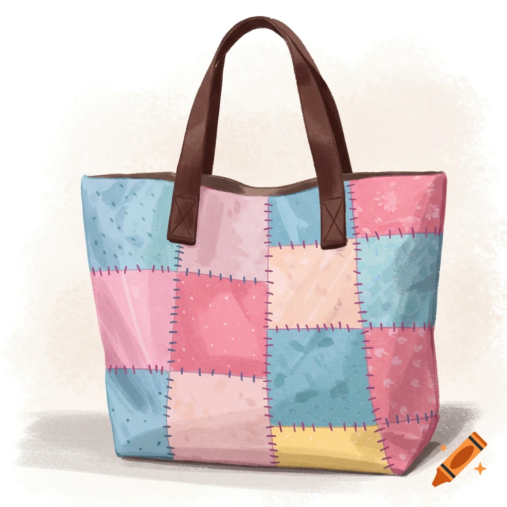 A colorful patchwork tote bag with brown handles in an illustrative style, against a light background.