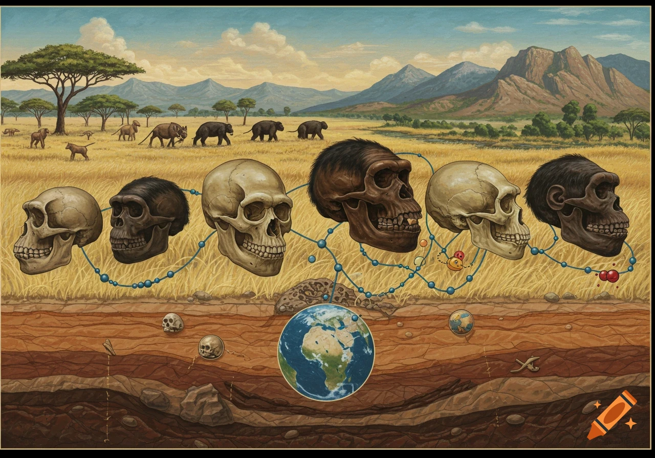 A detailed scientific illustration showing the evolutionary progression of hominid skulls in a savanna landscape with underground layers and an Earth globe.