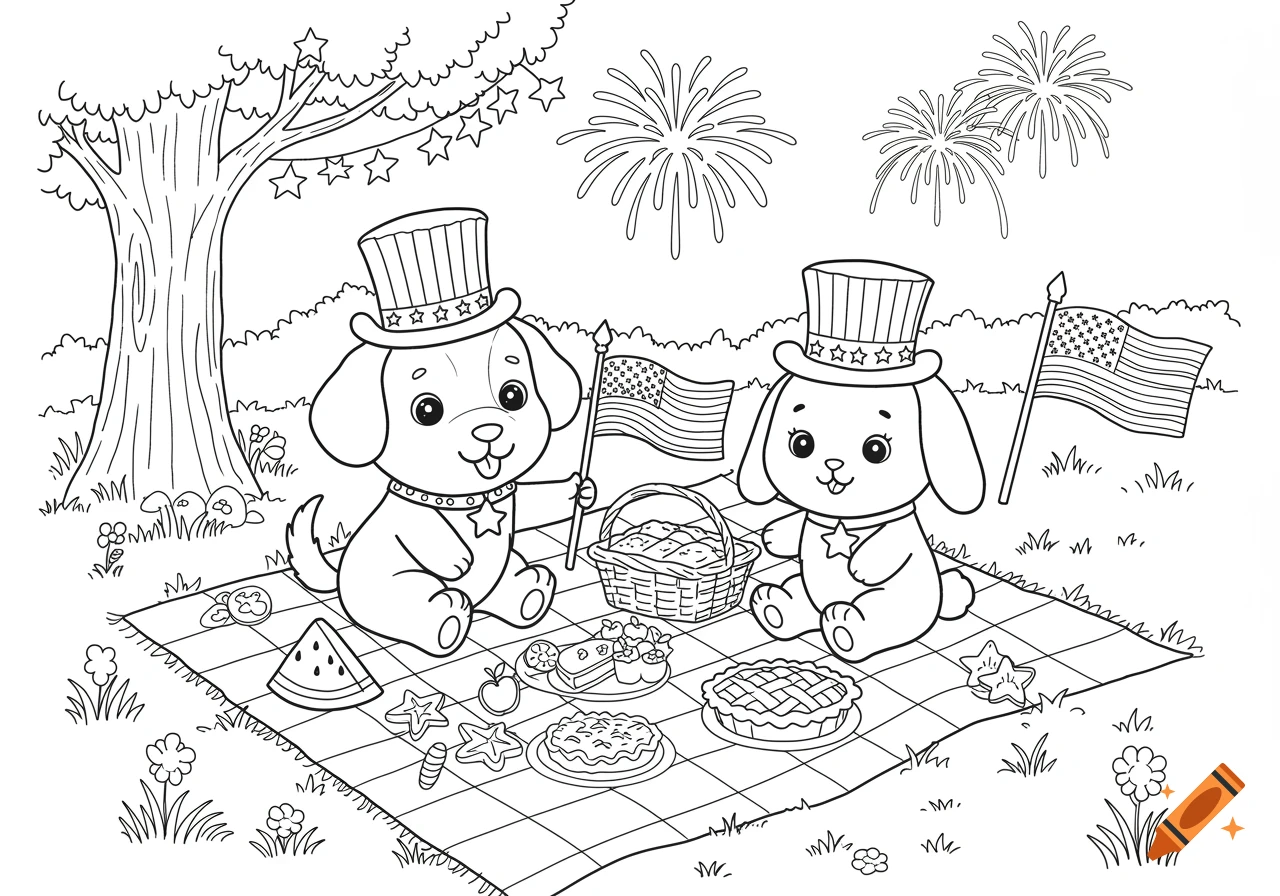 Black and white coloring page of a cute cartoon dog and bunny having a 4th of July picnic in a park with fireworks.