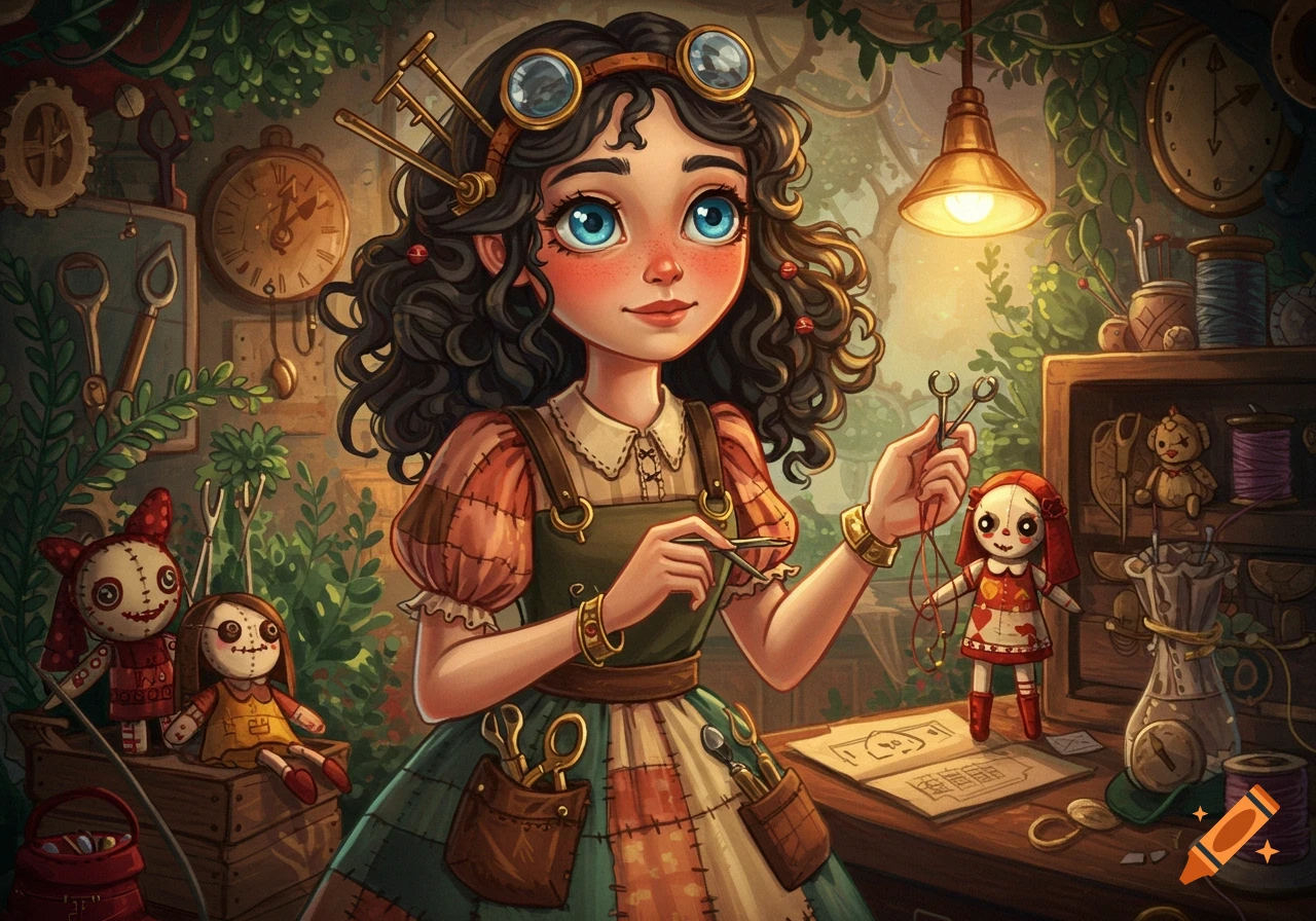 A whimsical illustration of a young female dollmaker with steampunk goggles and keys in her hair, working on dolls in a lush, detailed workshop.