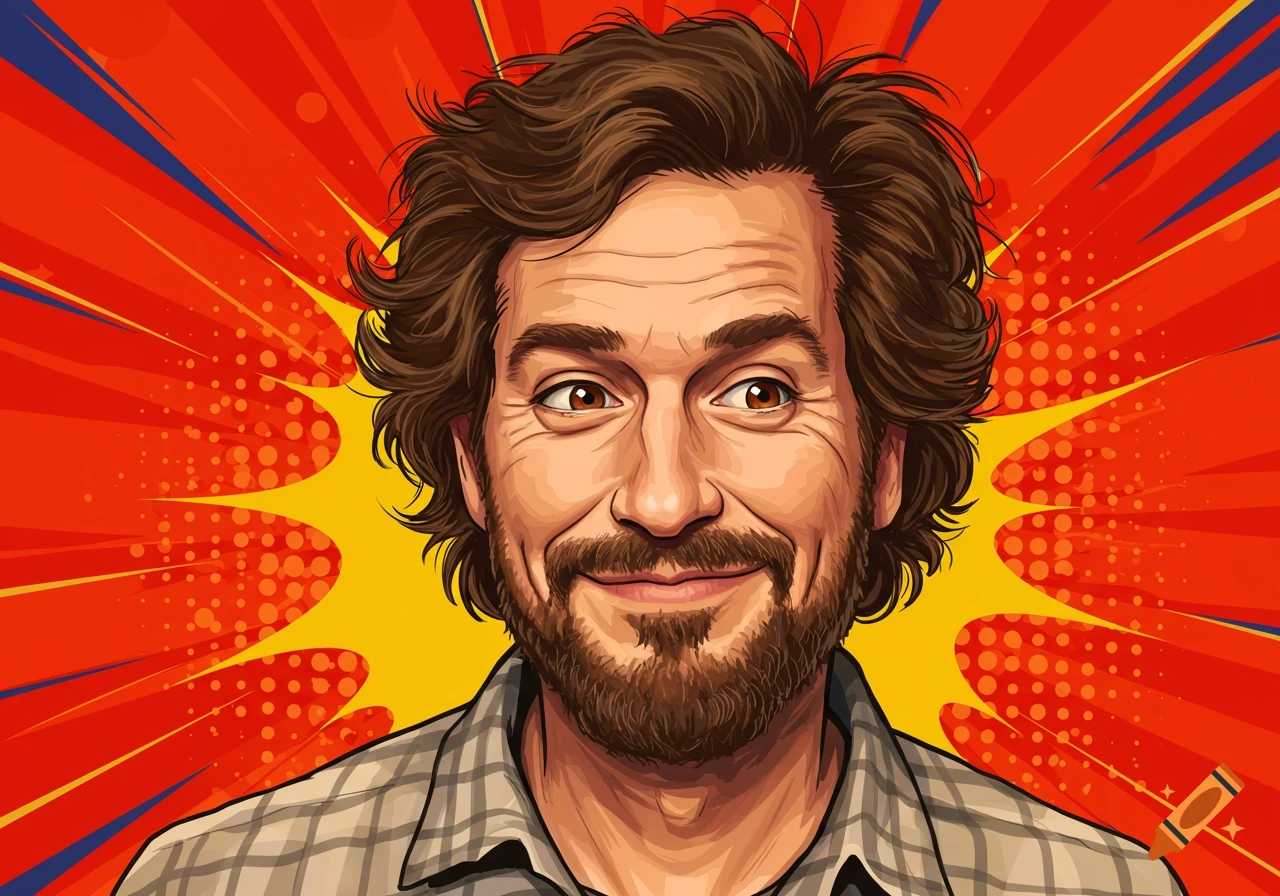 A smiling man with brown curly hair and a beard in a pop art comic style against a red and yellow explosion background.