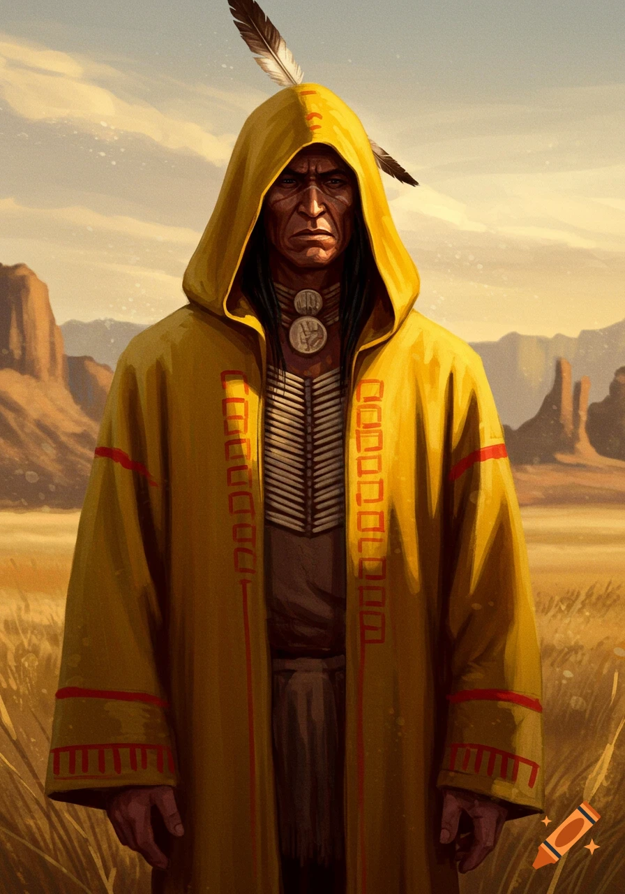 A stern Native American warrior in a yellow hooded robe with a bone breastplate stands in a desert landscape in a painterly style.