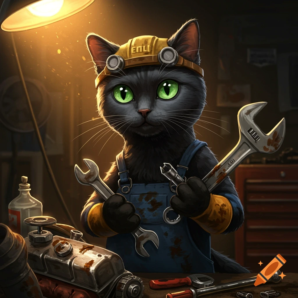 A cute black cat wearing a yellow hard hat and mechanic overalls holds two wrenches in a dimly lit garage.