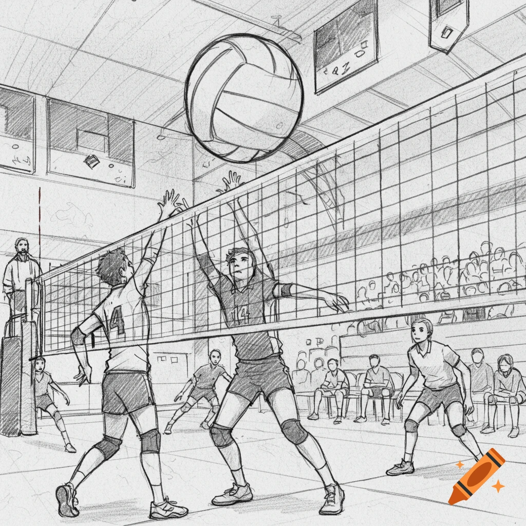 A dynamic pencil sketch capturing a volleyball game with players at the net, a ball mid-air, and spectators.