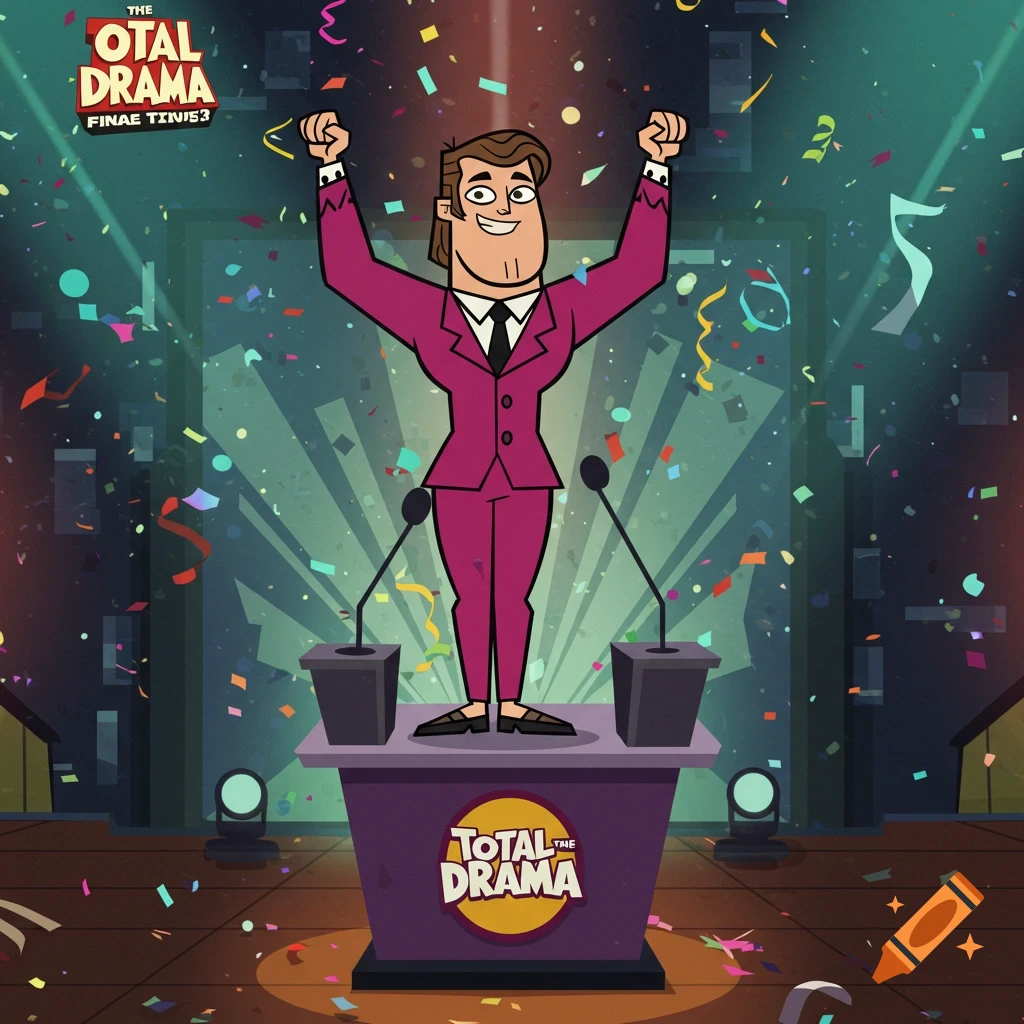A cartoon man in a pink suit with arms raised in victory stands at a podium amidst falling confetti on a stage.