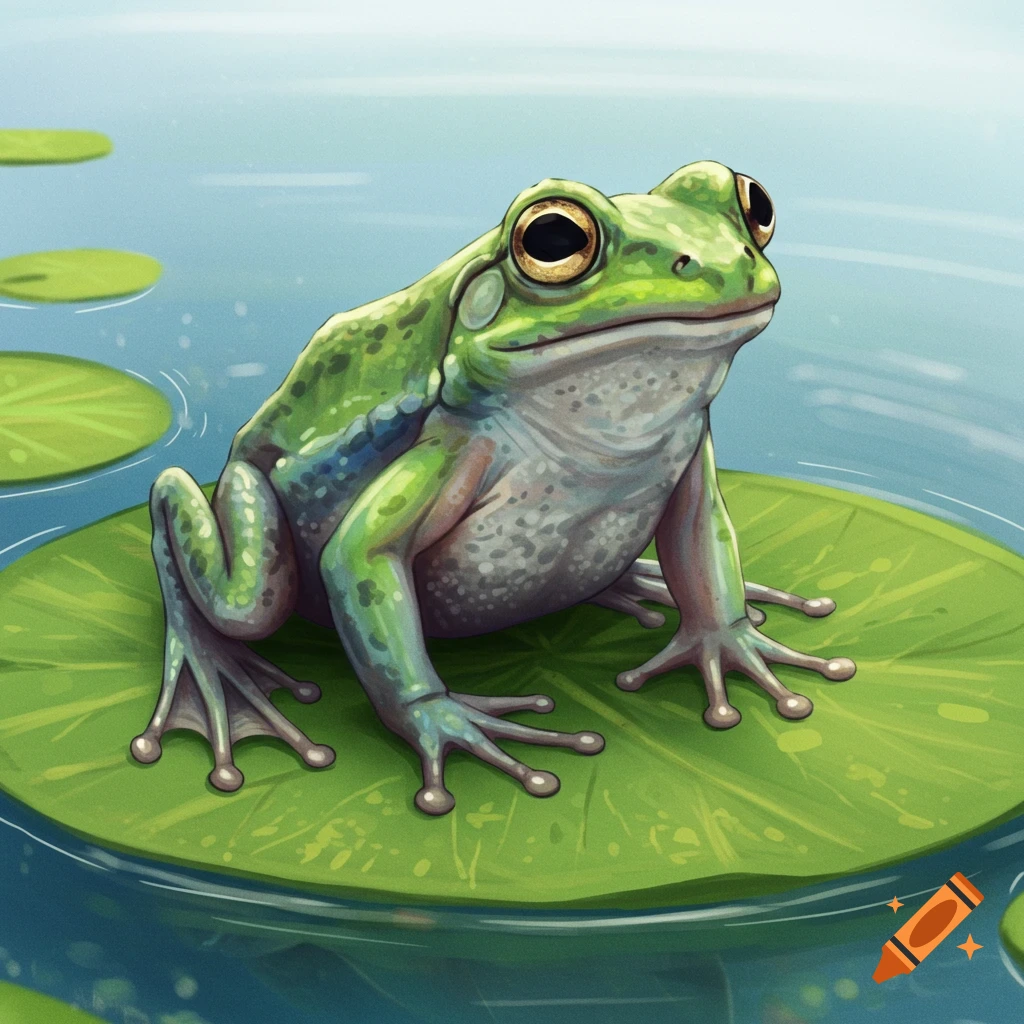 A green frog with large eyes sits on a green lily pad in a pond with other lily pads.