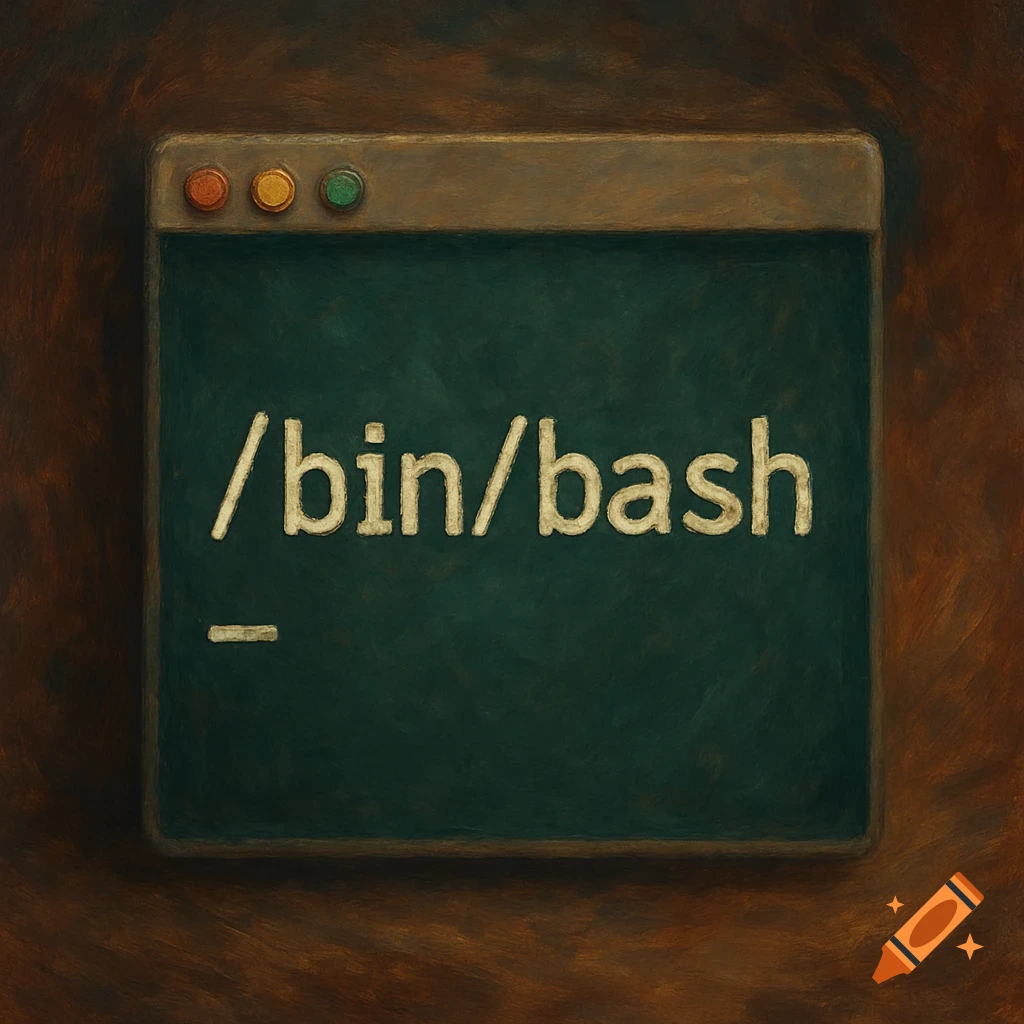 A stylized painting of a terminal window displaying '/bin/bash' and a blinking cursor.