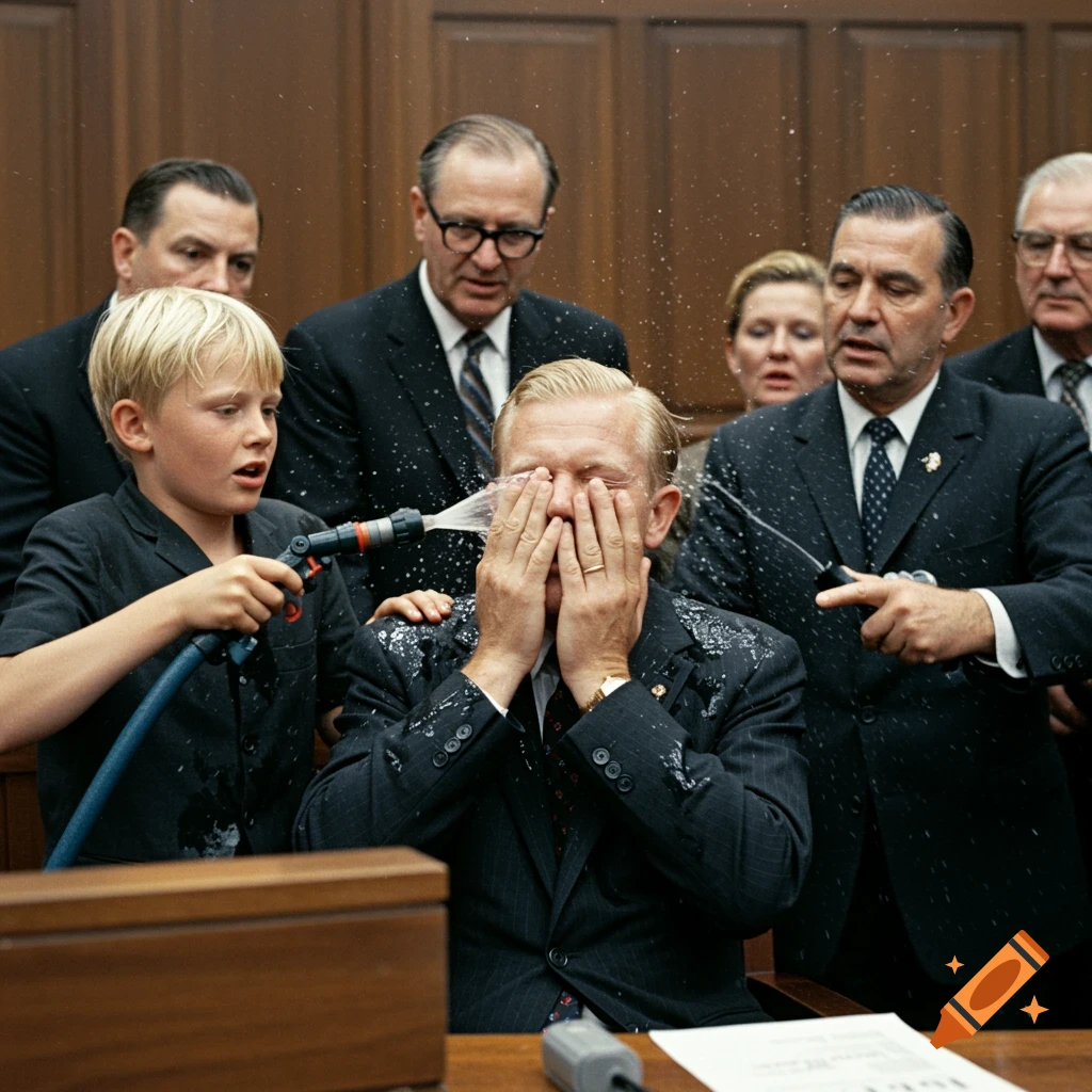 A boy sprays water at a man's face in a courtroom, as other people look on.