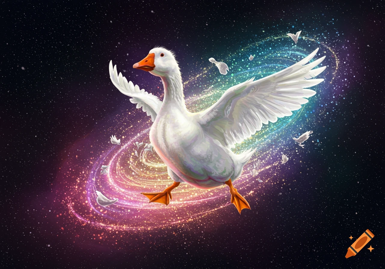 A white goose with wings spread, appearing to teleport through a colorful, swirling galaxy in deep space.