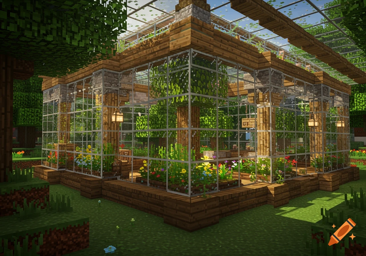 A Minecraft-style greenhouse with glass walls and a wooden frame, filled with lush green plants and colorful flowers, surrounded by blocky trees and grass.
