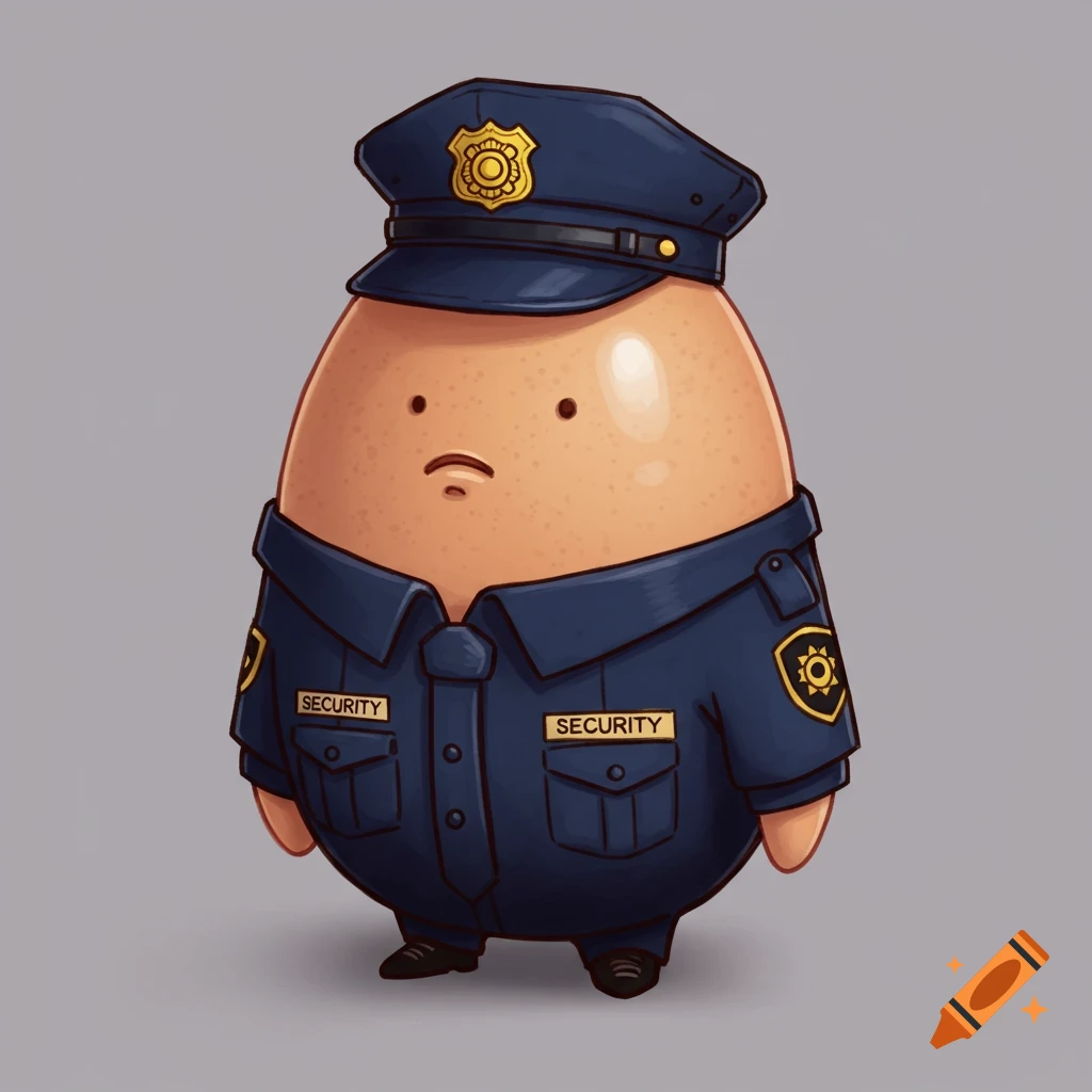 A cartoon egg character wearing a blue security uniform and cap, against a plain gray background.