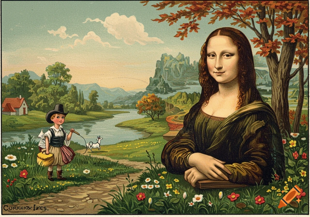 A vintage-style illustration of Mona Lisa seated in a pastoral landscape with a child and goat, reminiscent of Currier & Ives prints.