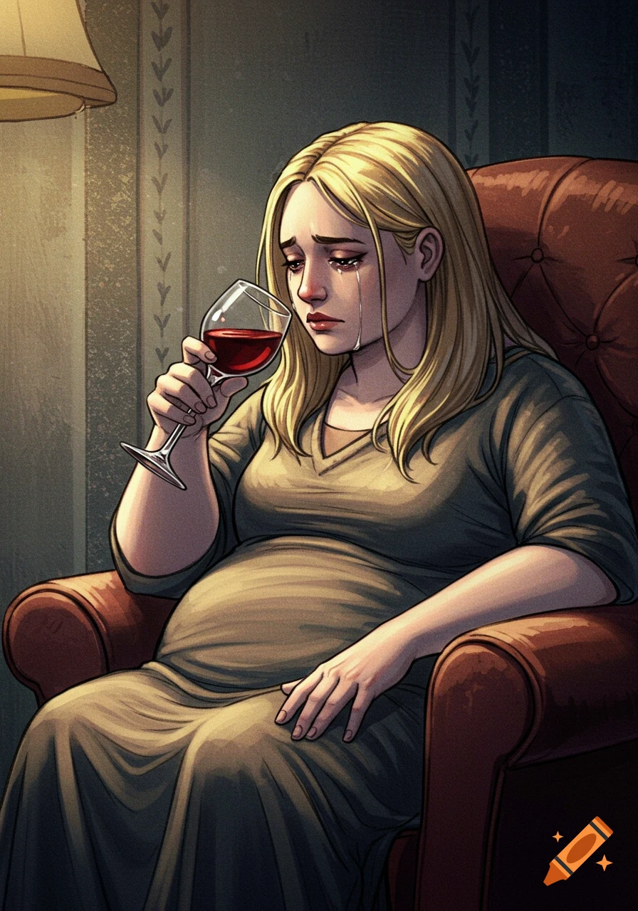 A blonde, pregnant woman sits crying in a brown armchair, holding a glass of red wine. Illustrated in a pencil drawing style.