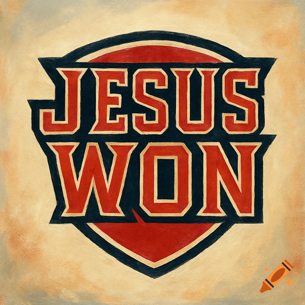 A vintage-style logo featuring the words "JESUS WON" in bold red block letters, outlined in light beige, set against a dark blue shield shape with a red inner outline, all on a textured beige background.