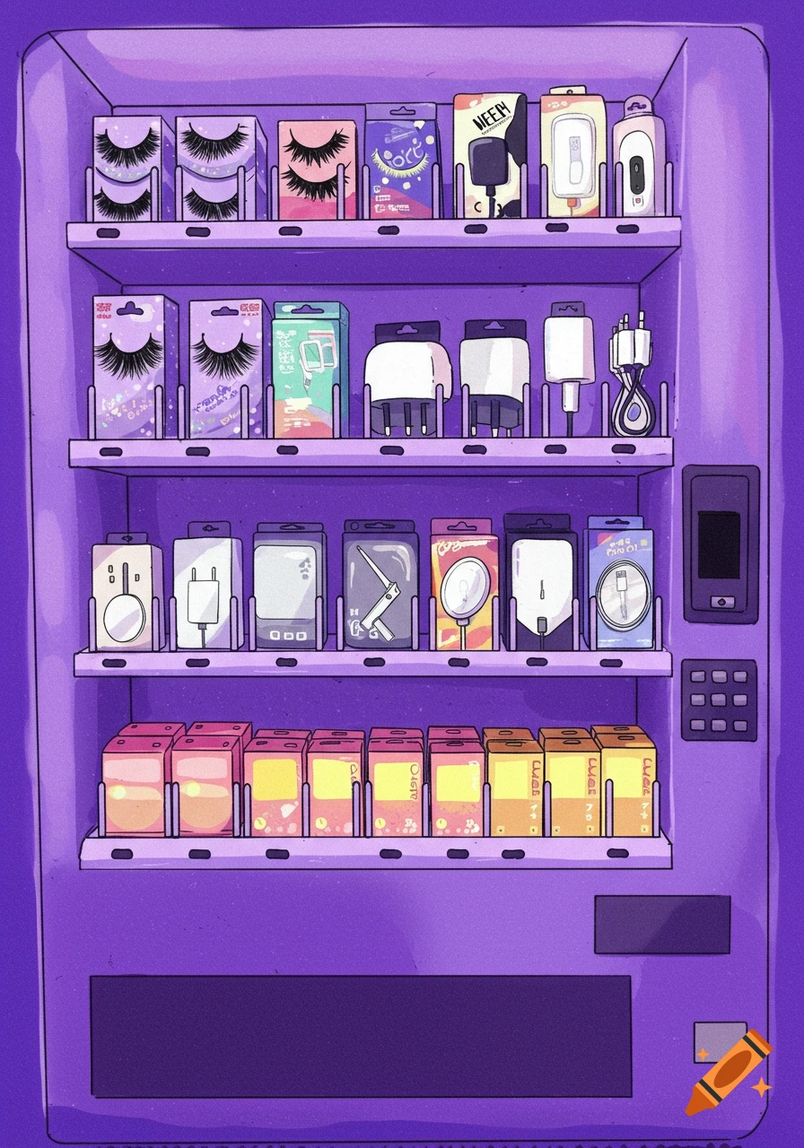 A purple vending machine filled with various products, including false eyelashes on the top two rows and chargers and other boxed items on the lower shelves, in a stylized illustration.