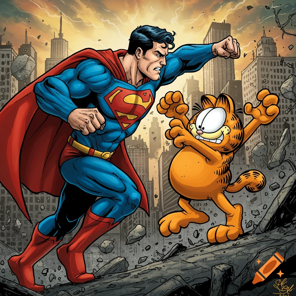 Superman prepares to punch Garfield amidst a destroyed city, in a vibrant comic book style.
