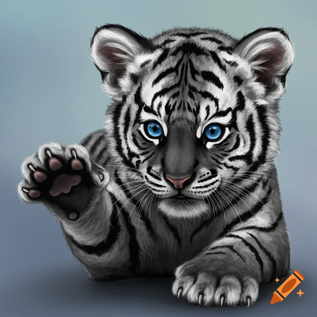 A cute white tiger cub with bright blue eyes lifts a paw in a digital painting.