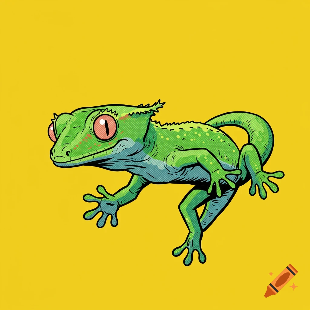 A green cartoon crested gecko with pink eyes in Pop Art style on a bright yellow background.