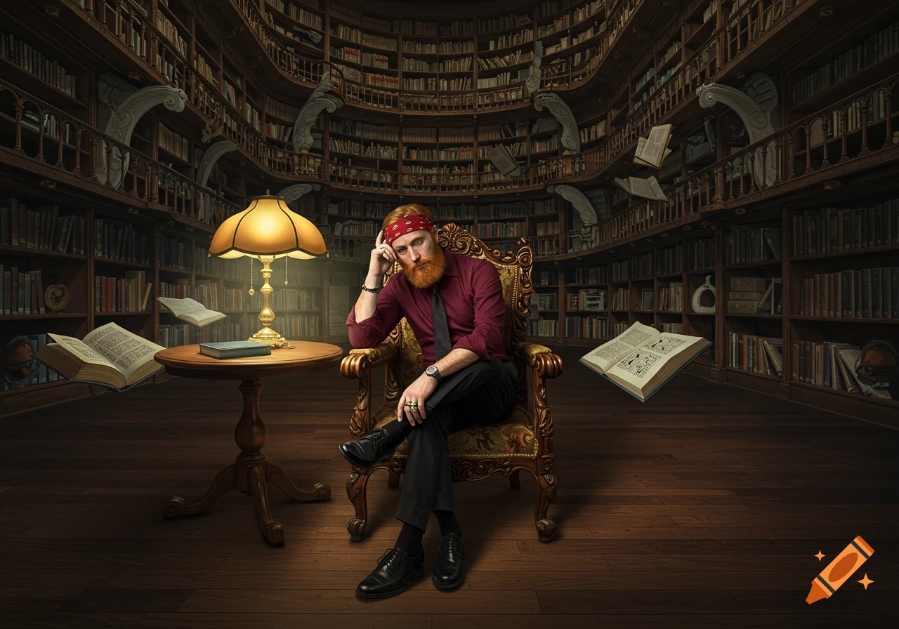A red-bearded man sits pensively in an ornate chair in a vast, surreal library with floating books and curved bookshelves.
