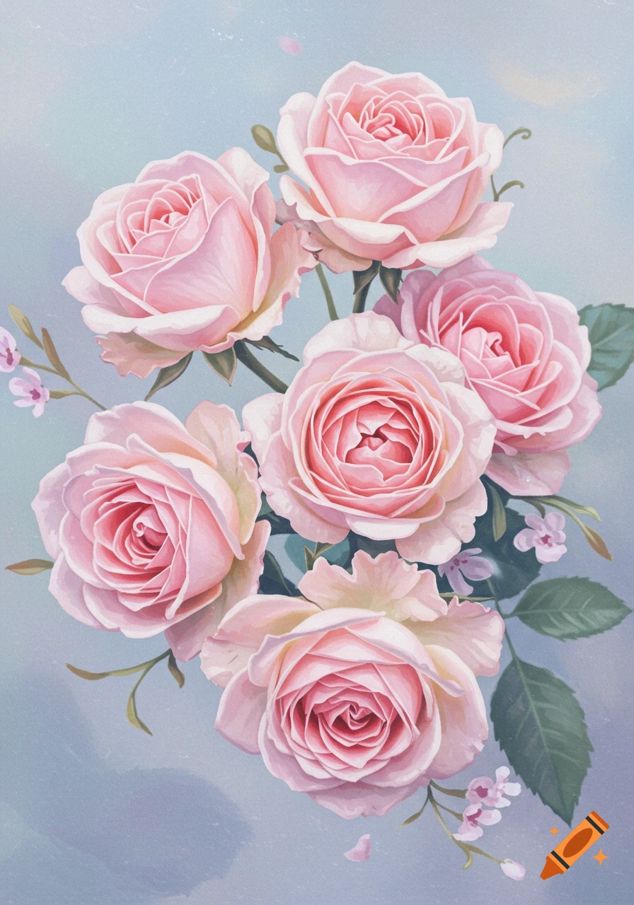 A watercolor illustration of a bouquet of pink roses and small flowers with green leaves against a light blue background.