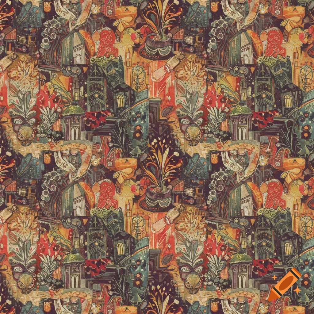A vibrant, intricate, repeatable pattern featuring stylized abstract architecture, plants, and ornate shapes in a rich, warm color palette.