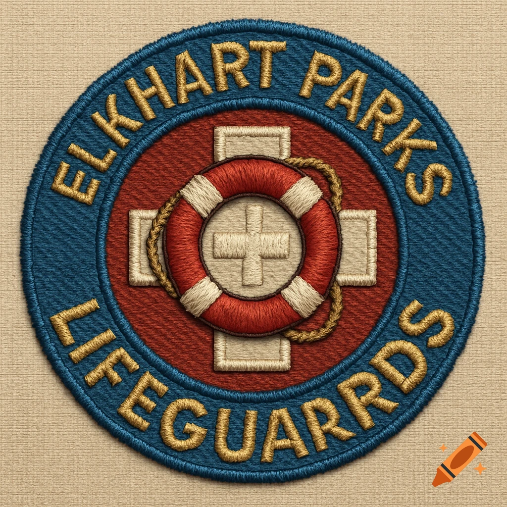 Embroidered circular patch for Elkhart Parks Lifeguards, featuring a red and white life preserver and gold text.