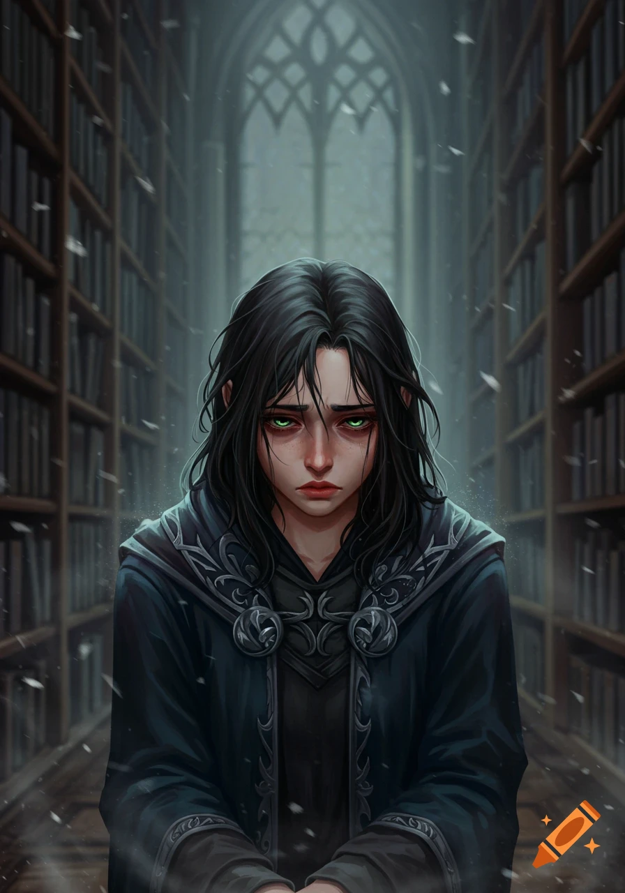 A tired young woman with dark hair and green eyes, dressed in dark wizard robes, stands in a gothic library with snow falling.