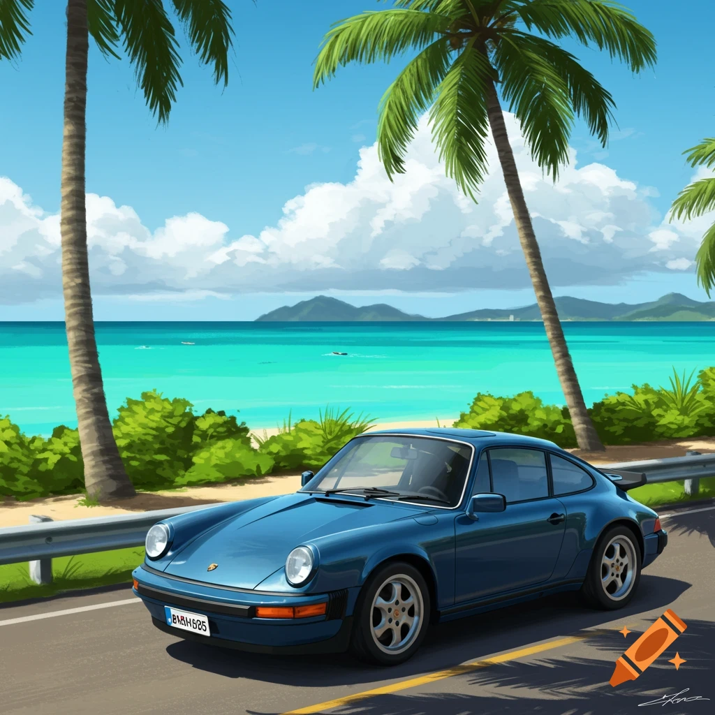 A blue Porsche 911 parked on a coastal road next to a tropical beach with palm trees and a turquoise ocean in an illustrative style.