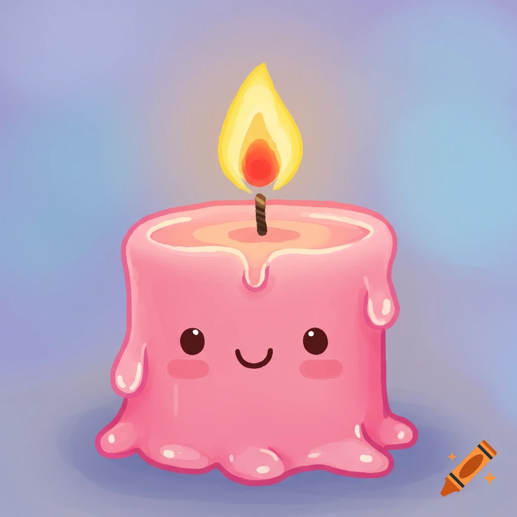 A cute pink cartoon candle with a smiling face and a yellow flame on a light blue background.