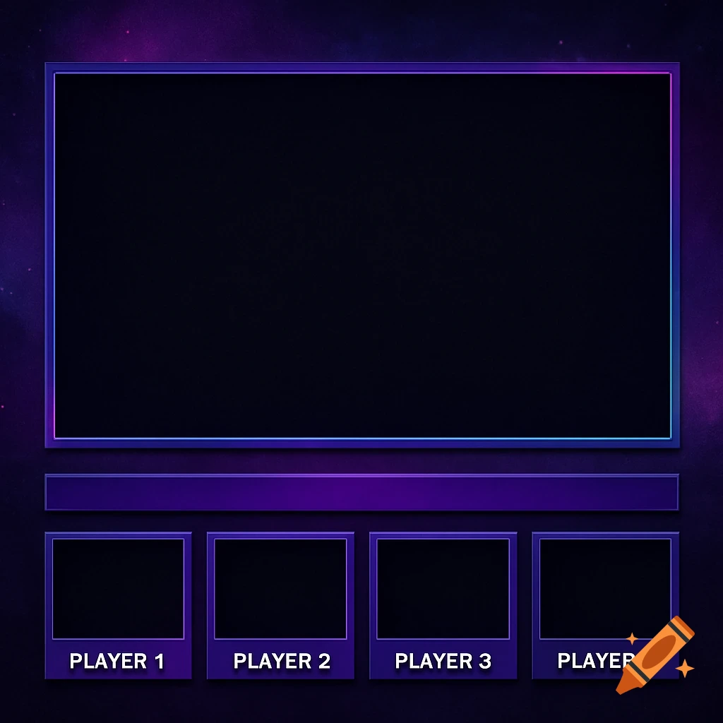 A digital interface for a Twitch stream, featuring a large central screen and four smaller player windows below, against a purple and blue cosmic background.