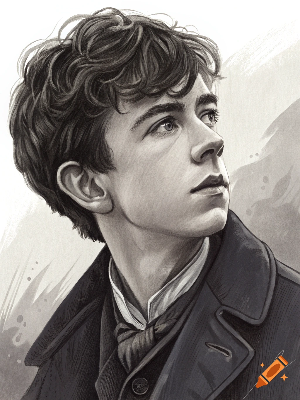 A grayscale drawing of a young man with curly hair looking up and to the right, wearing a collared shirt and jacket.
