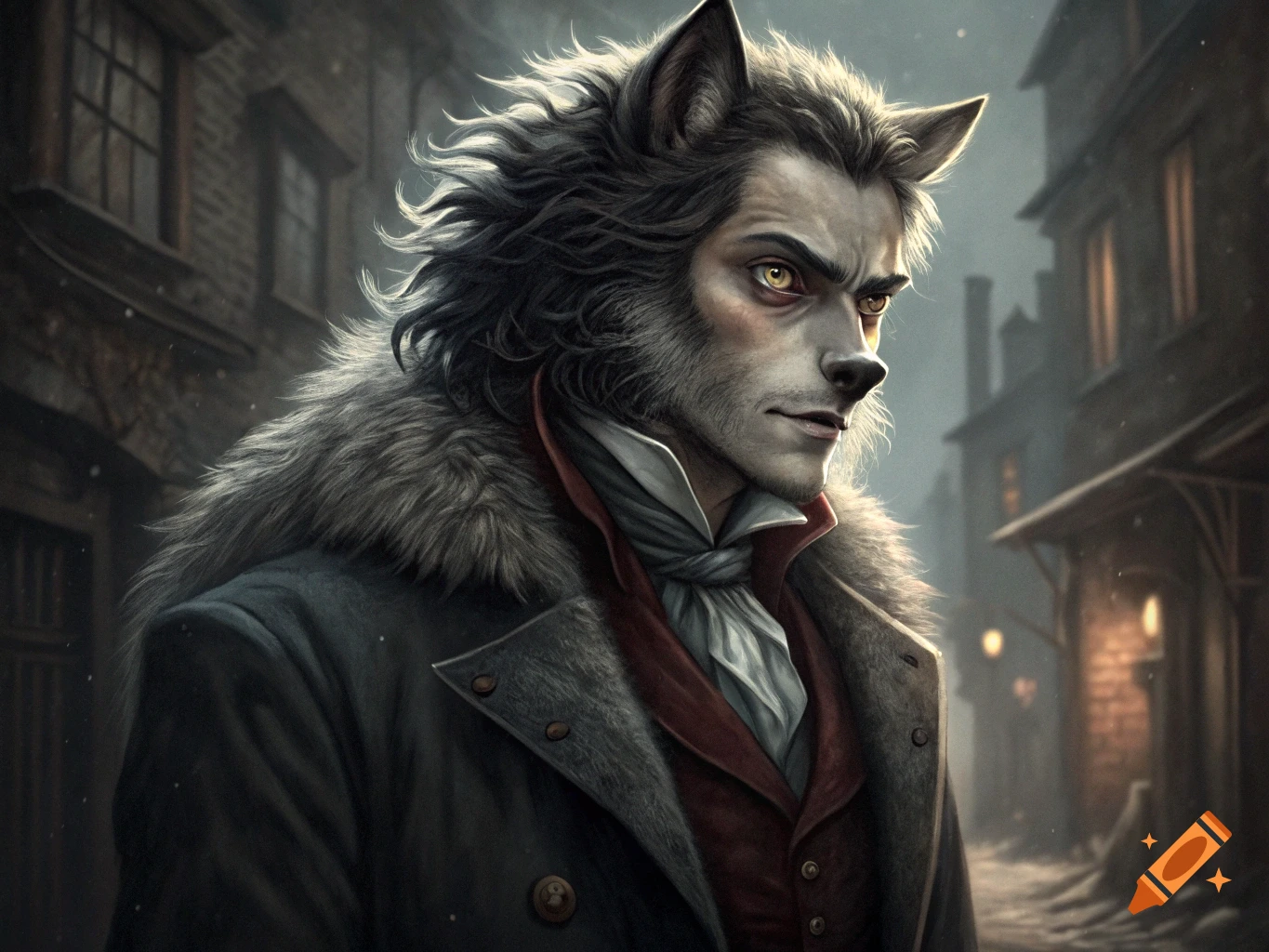 A portrait of a werewolf-like man in a dark, Victorian-era street. He wears a fur-collared coat and cravat, with golden eyes.
