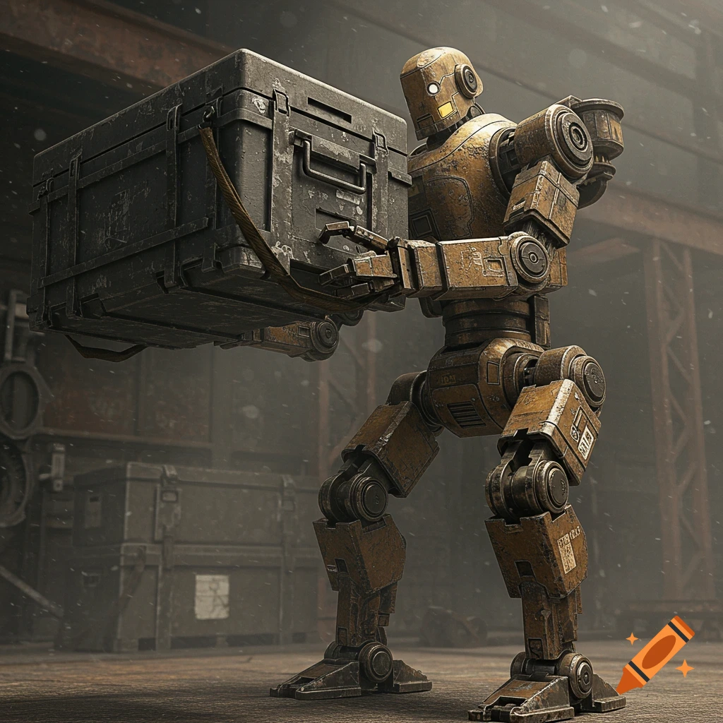 An old, rusty bronze robot lifts a large, weathered cargo crate in a dusty industrial warehouse.