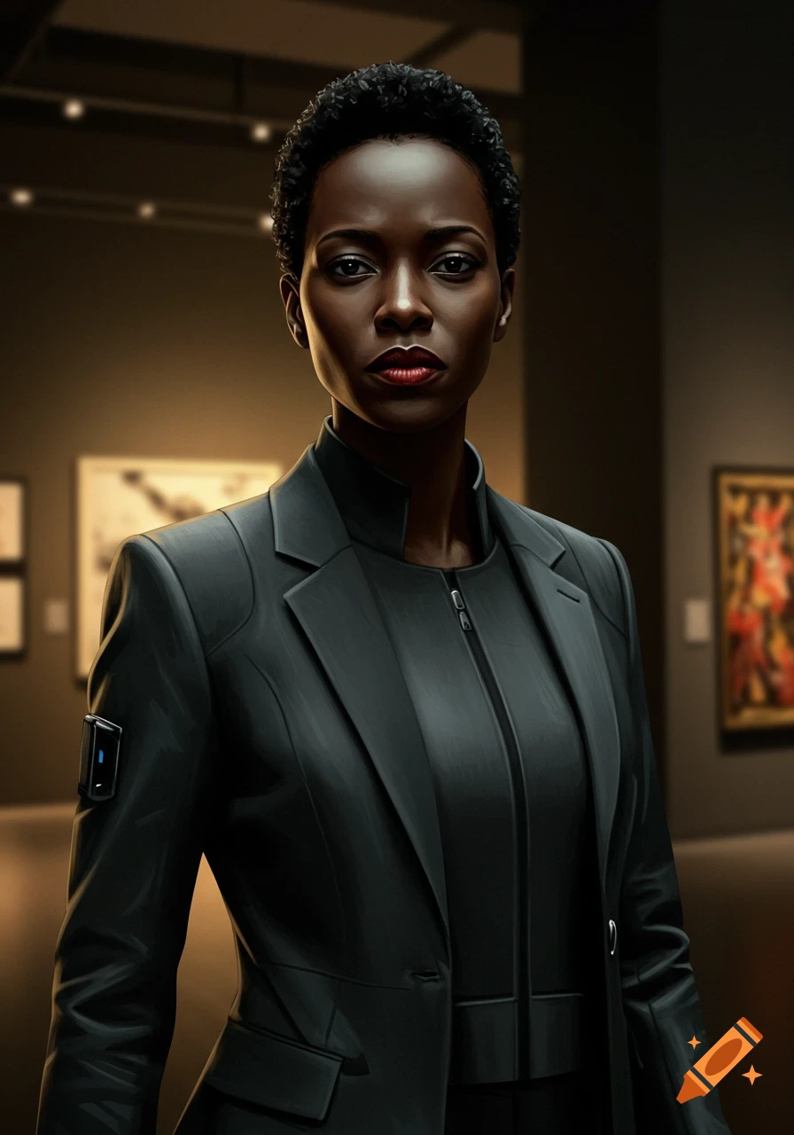A photorealistic portrait of a Black woman in a dark suit, with a serious expression, standing in an art gallery.