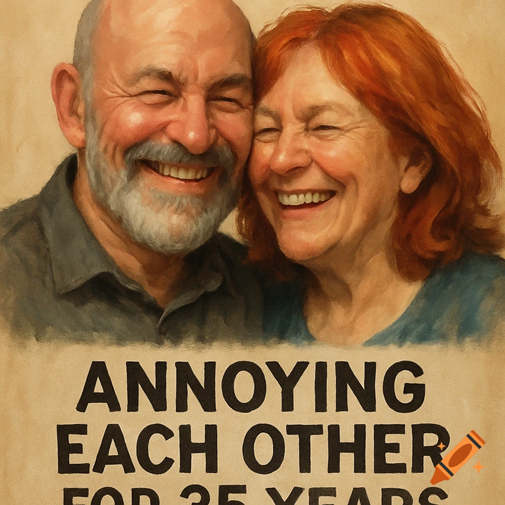 Painterly portrait of a smiling elderly couple, a bald man with a grey beard and a red-haired woman, with text 'Annoying each other for 35 years'.