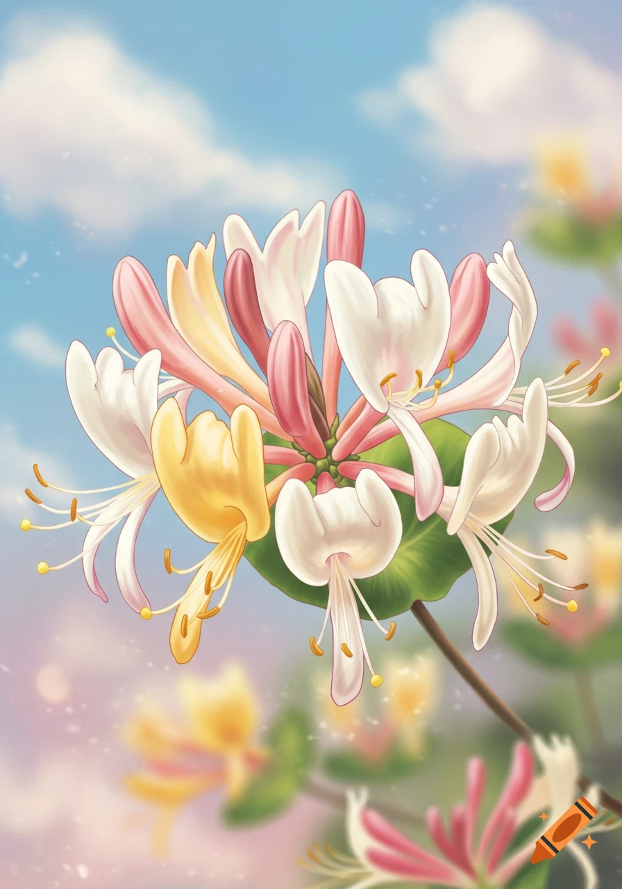 Close-up of pink and yellow honeysuckle flowers with a soft blue sky background.