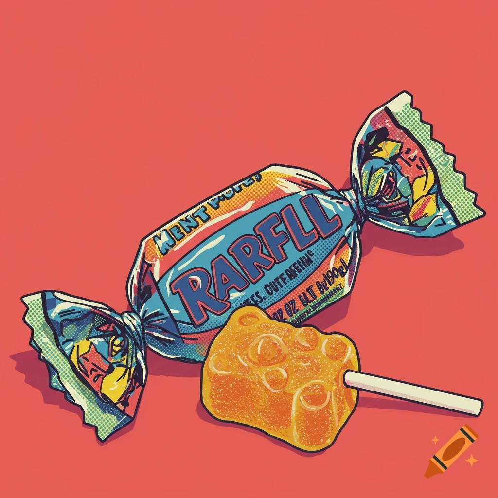 A colorful candy in a blue wrapper with "RARFLL" written on it, and an orange lollipop next to it, all in a pop art style on a red background.
