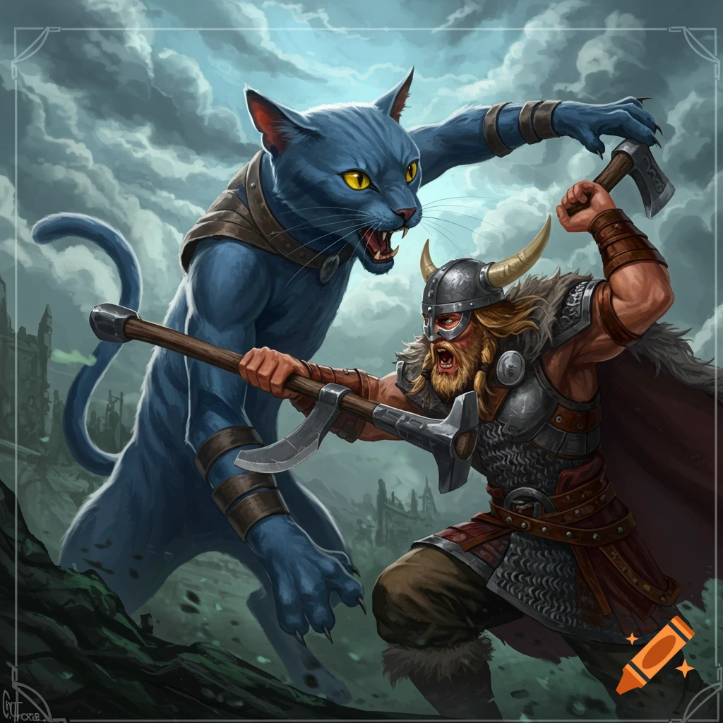 A fierce blue cat-like creature with glowing yellow eyes battles a roaring Viking warrior wielding two axes in a fantasy illustration.