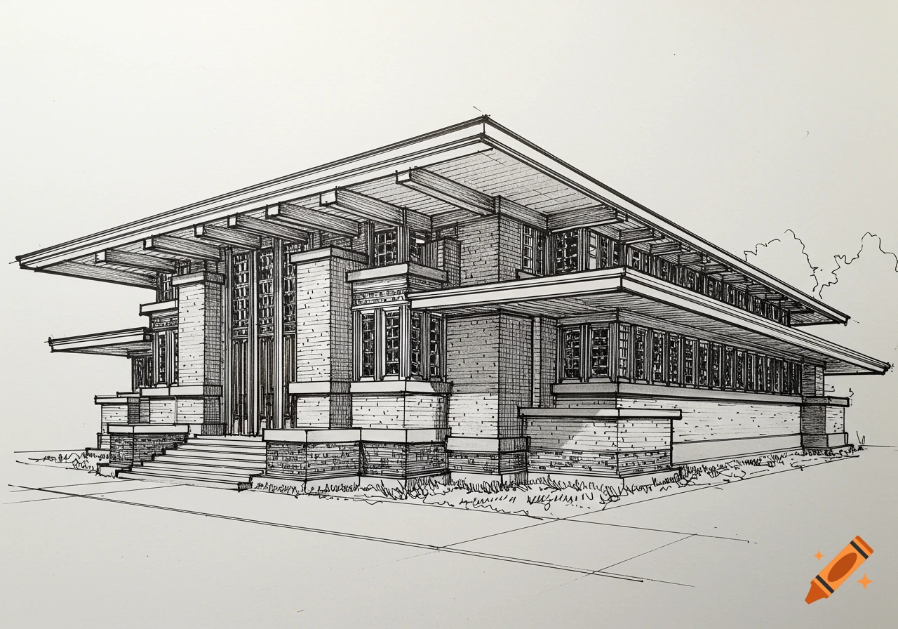 A detailed black and white architectural sketch of a building with Prairie Style features like broad eaves.