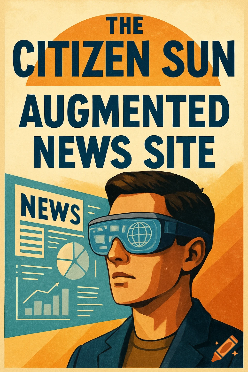 Retro poster of a man in AR glasses looking at a screen with news and data for 'The Citizen Sun Augmented News Site'.