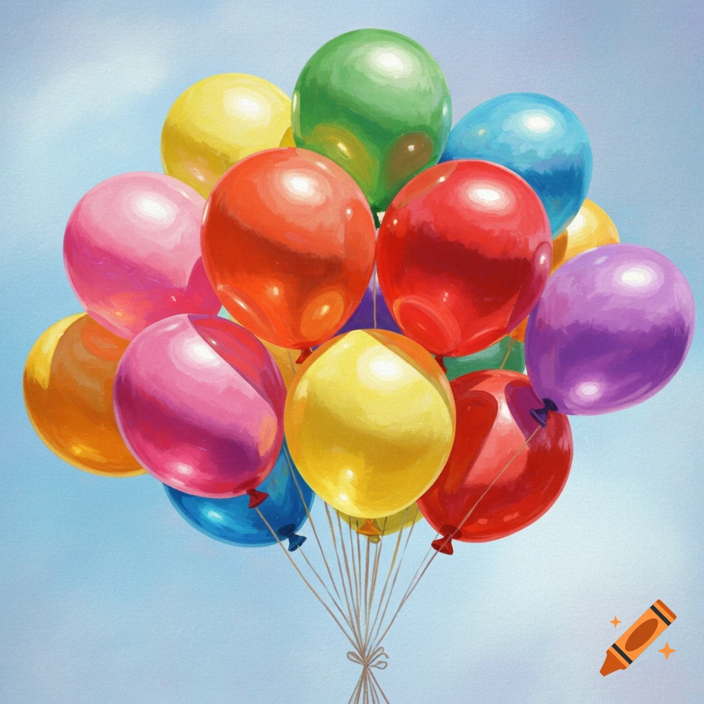 A vibrant cluster of colorful helium balloons floats against a bright blue sky, rendered in a painterly style.