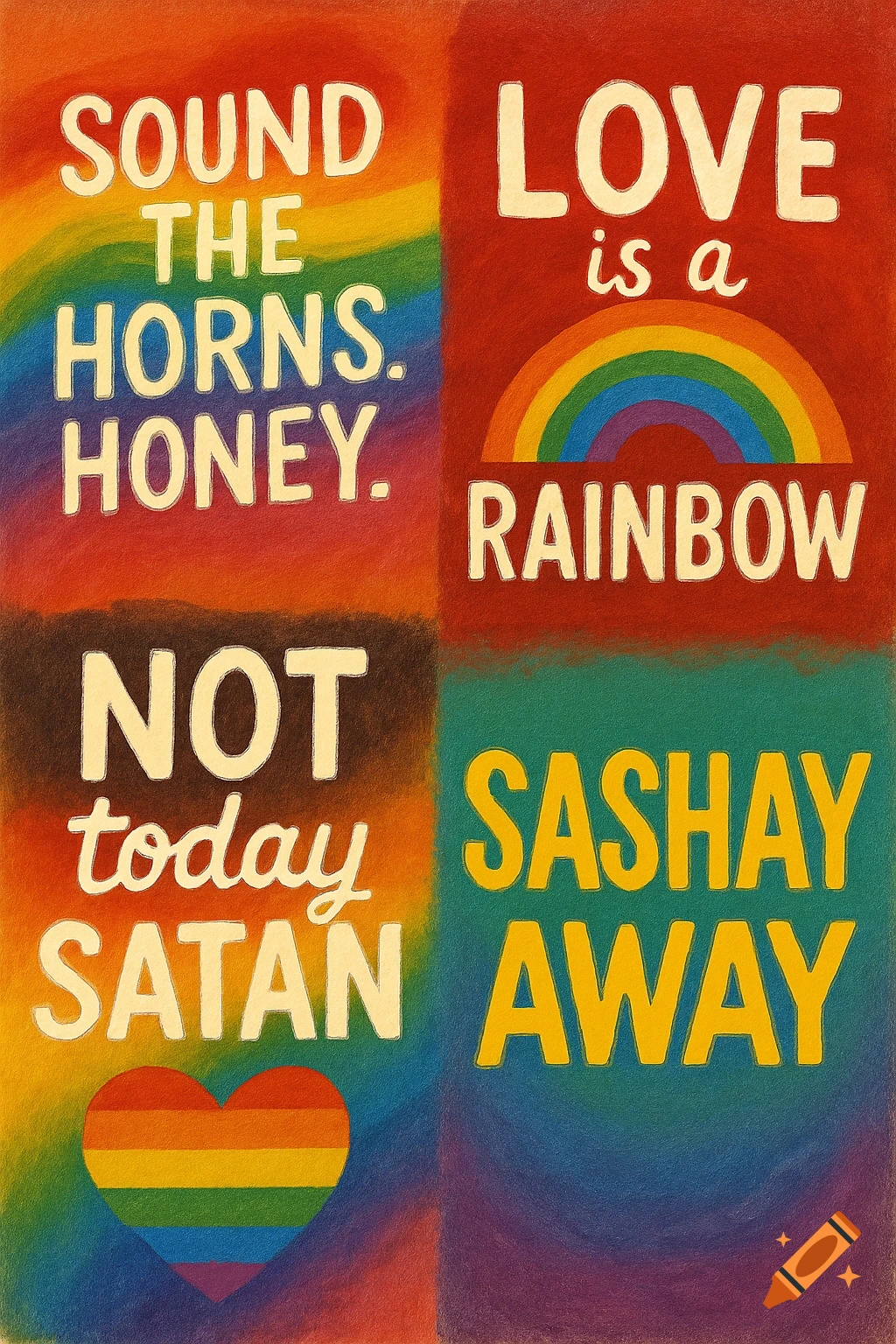 A vibrant collage of four squares with rainbow gradient backgrounds and sassy LGBTQ+ quotes: "SOUND THE HORNS. HONEY.", "LOVE is a RAINBOW", "NOT today SATAN", and "SASHAY AWAY". A rainbow heart is in the bottom left.