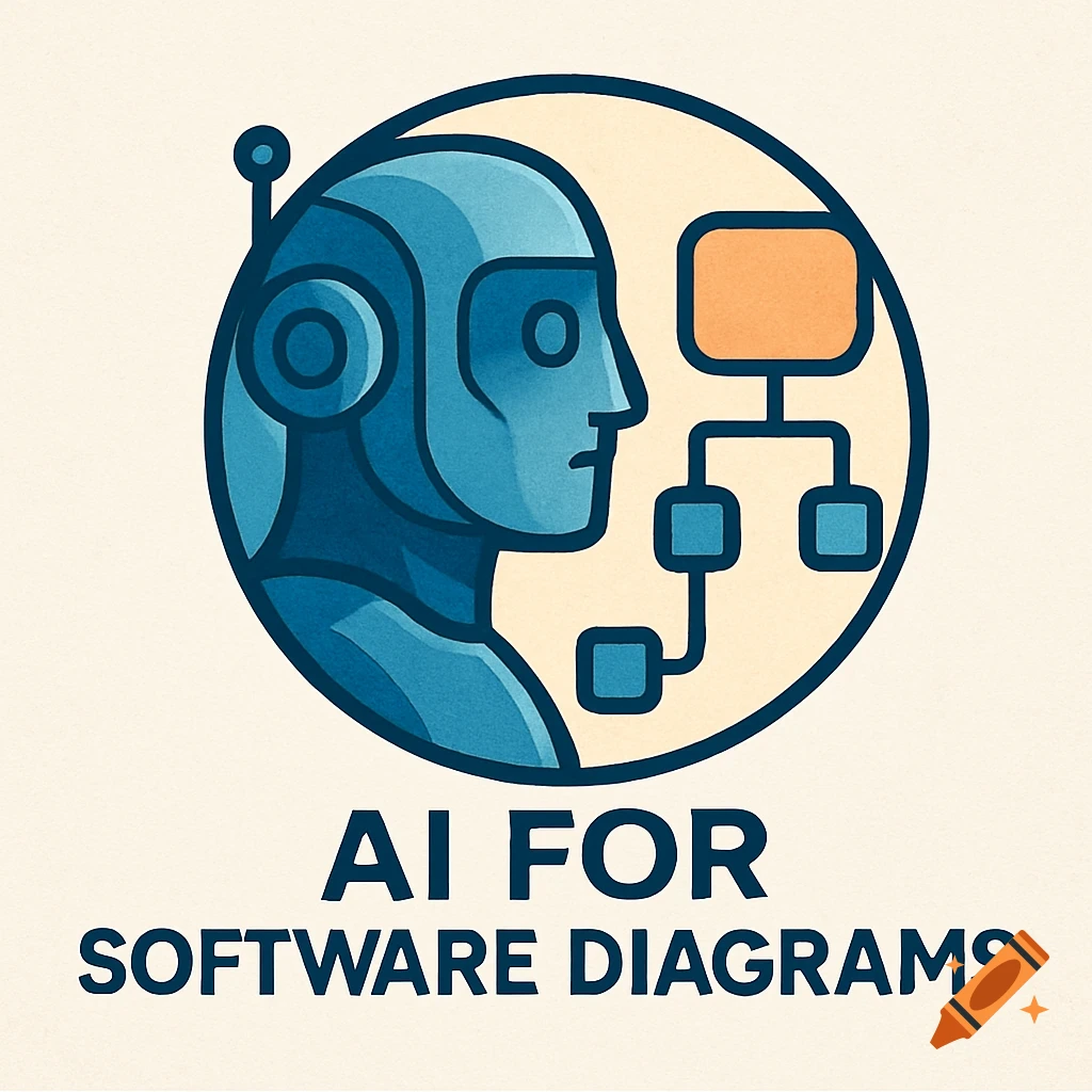 A blue robot head logo with a flowchart, text 'AI FOR SOFTWARE DIAGRAMS' below, on a cream background.