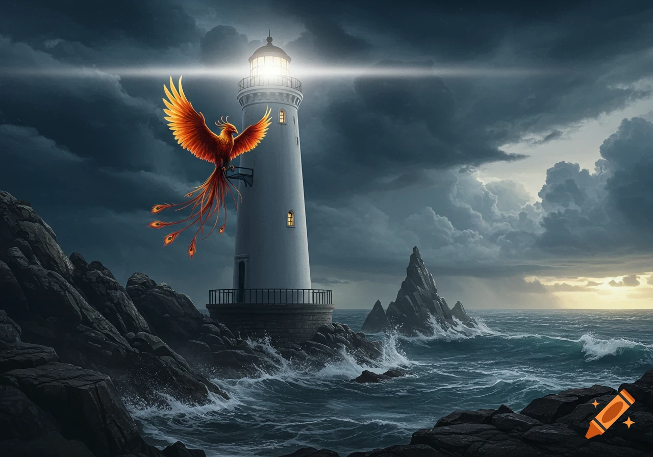A majestic phoenix with fiery wings flies beside a white lighthouse on a rocky coast under a dark, cloudy sky with stormy waves.